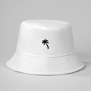 White canvas bucket hat with embroidered black coconut tree pattern for sun protection