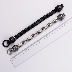 Men's stainless steel lion head braided bracelets in silver and black colors