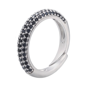 Anello aperto regolabile in argento con tre file di zirconi neri micro-pavimentati