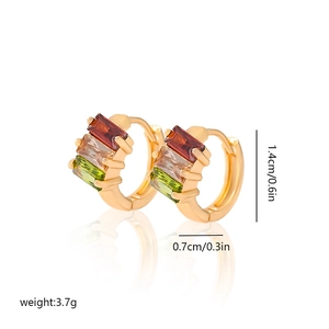 Detailed dimensions of gold hoop earrings with multi-colored cubic zirconia stones
