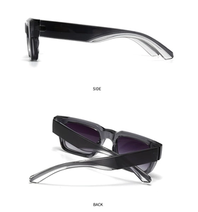 Detail view of square sunglasses showing side profile and back frame structure