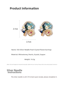 Macro shot of vintage crystal flower earrings with 925 silver needles and pearls