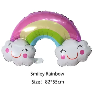 Rainbow smiling white clouds aluminum foil party balloon for birthday decoration 82x55cm