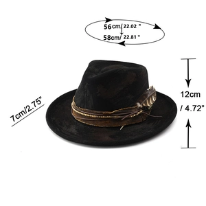 Schwarzer Cowboyhut im Westernstil mit Federverzierung und Größenangaben für Damen und Herren