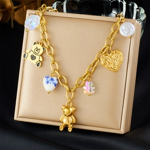 Chic Bear Heart Pendant Necklace Stainless Steel Gold Plated With Faux Artificial Pearl And Colorful Beads For Women