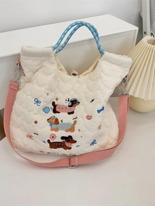 Quilted cartoon embroidery tote bag with adjustable pink strap and cute dog motifs