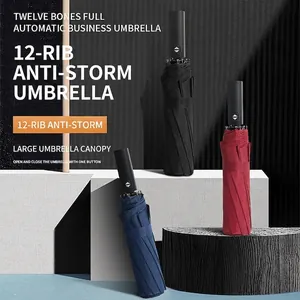 Automatic 12-rib folding umbrella in black, navy, and burgundy with windproof frame
