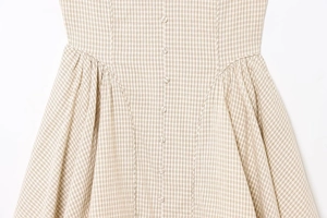 Detail view of checkered dress waist with fabric-covered buttons and fine stitching