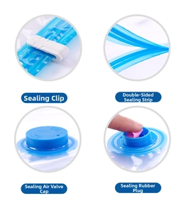 Detail view showing sealing slider, double zipper, and air valve for vacuum storage bags