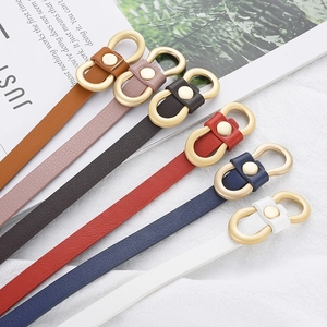 Minimalist skinny faux leather belts for women with gold oval buckles in six colors