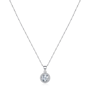 Classic S925 sterling silver halo necklace with round brilliant-cut center gemstone