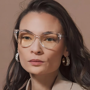 Elegant cat-eye blue light blocking glasses with clear frames shown on a model