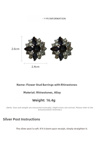 Detail showing dimensions of rhinestone flower earrings with 2.6cm by 2.4cm sizing