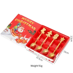 Set of 4 gold Christmas dessert spoons in a festive red gift box with dimensions