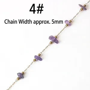 Detailed view of 5mm handmade stainless steel chain with purple stones and gold beads