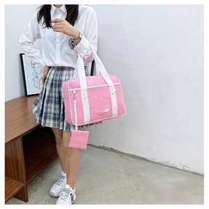 Pink heart-shaped ita bag JK school uniform style handbag with clear window and shoulder strap