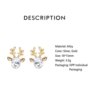 Elegant Christmas reindeer stud earrings with crystal stones and golden antlers