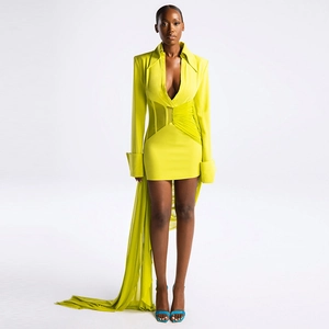 Neon Yellow Long Sleeve V Neck Mini Dress With Asymmetric Mesh Pleated Long Train Sexy Party Nightclub Outfit