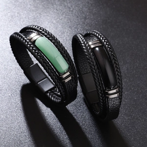 Braided black leather bracelets with green aventurine and black agate stones