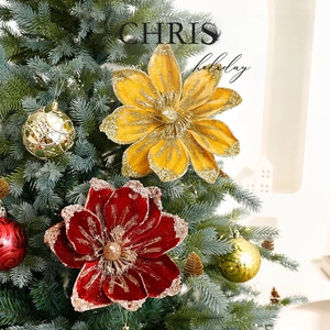 Artificial Christmas Magnolia Flowers Flannel Sparkle Glitter Poinsettia Ornaments Holiday Tree Party Home Decoration