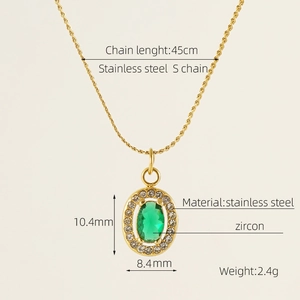 Close-up of gold stainless steel necklace featuring a green zircon oval pendant with details