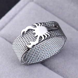 8mm frosted stainless steel scorpion ring with a unique woven mesh band on velvet