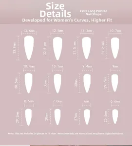 Size chart for 24 extra long stiletto nails featuring 12 unique dimensions in millimeters