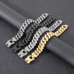 Men Cuban Link Bracelet Stainless Steel Carved Totem Pattern Retro Punk Style Heavy Metal Chain Jewelry Accessory