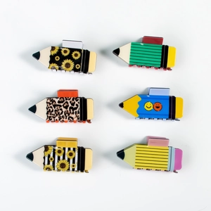 Lot de 6 pinces à cheveux en PVC forme crayon avec motifs tournesols et imprimés léopard