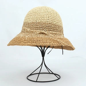 Women Straw Bucket Hat Hand Crochet Color Block Wide Brim Breathable Sun Protection Summer Beach Vacation Bohemian