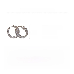 Detailed specs of silver twisted chain hoop earrings with zircons and product dimensions