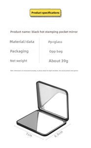 Detailed view of black folding pocket mirror with gold foil stamping and dimensions