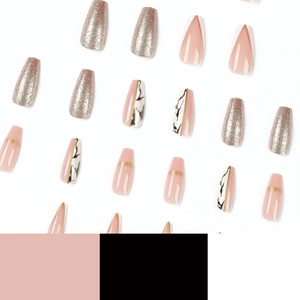 Coffin press-on nails with white French tips, marble texture, and rose gold glitter accents