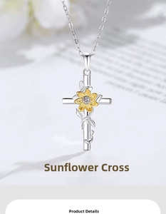 Macro detail of S925 silver cross necklace with a golden sunflower and sparkling zircons