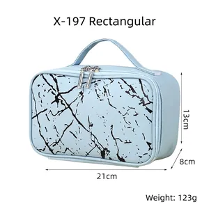 Detail view of light blue marble PU makeup bag with dimensions 21x13x8cm and top handle