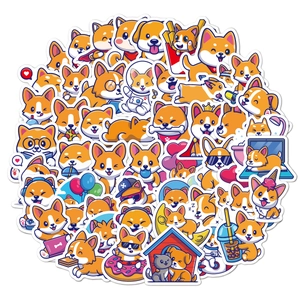 Close-up of waterproof cartoon Shiba Inu stickers for laptops and water bottles