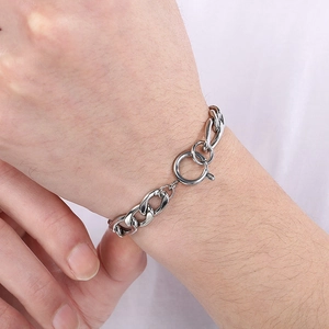 Polished silver stainless steel Cuban chain bracelet with a large round spring clasp