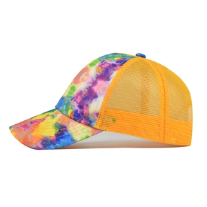 Cappellino da baseball tie-dye colorato con rete arancione traspirante vista laterale