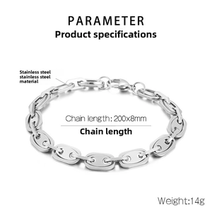 Macro detail of stainless steel chain link with lobster clasp and product measurements
