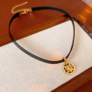 Hexagram Star Round Pendant Choker Necklace Copper Zircon Retro French Style Black Ribbon High-End Jewelry For Women