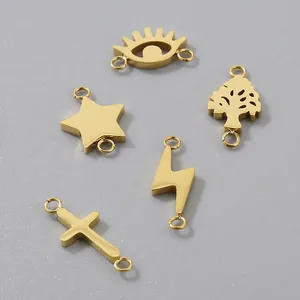 Stainless Steel Jewelry Connectors Gold Plated Cross Star Eye Lightning Tree Double Loop Charms For DIY Bracelet Necklace