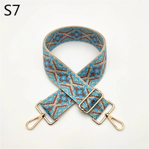 Close-up of geometric ethnic bag strap with blue patterns and gold metal lobster clasps