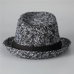 Classic black and white tweed fedora hat for men with black decorative band