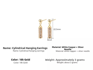 Macro detail of 18k gold cylindrical hanging earrings showing fine micro-inlay texture
