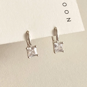 Elegant 925 sterling silver huggie earrings with square clear cubic zirconia drops