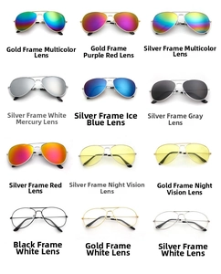 Collection of classic aviator sunglasses featuring diverse metal frames and colorful lenses