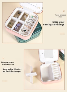 Detail of portable jewelry box showing velvet ring slots and a built-in mirror