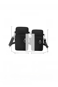 Size guide for nylon crossbody phone bag showing small and large dimensions and features