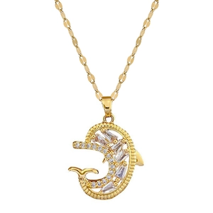 Elegant gold dolphin pendant necklace with sparkling cubic zirconia on a dainty steel chain