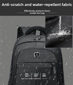 Detail showing water-resistant and scratch-proof synthetic fiber fabric on black backpack